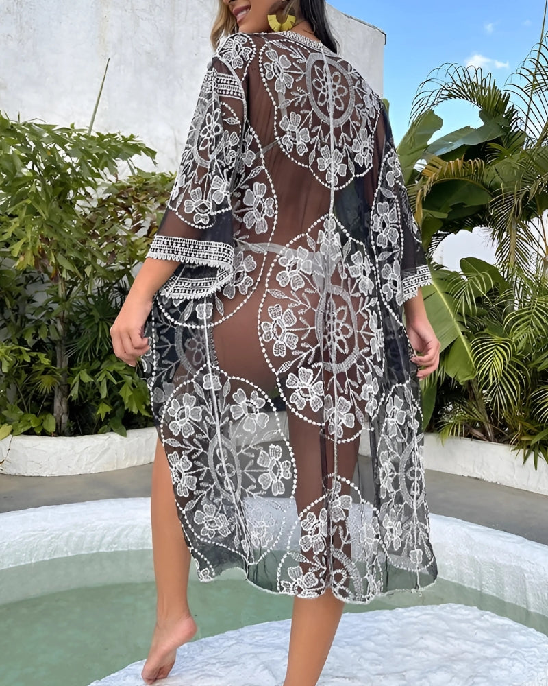Kimono long transparent en dentelle brodé — vue 3