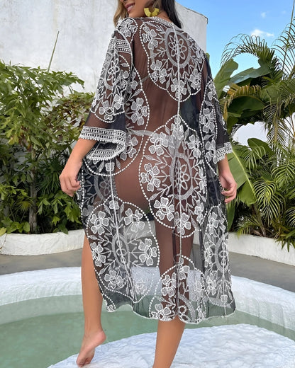 Kimono long transparent en dentelle brodé — vue 3