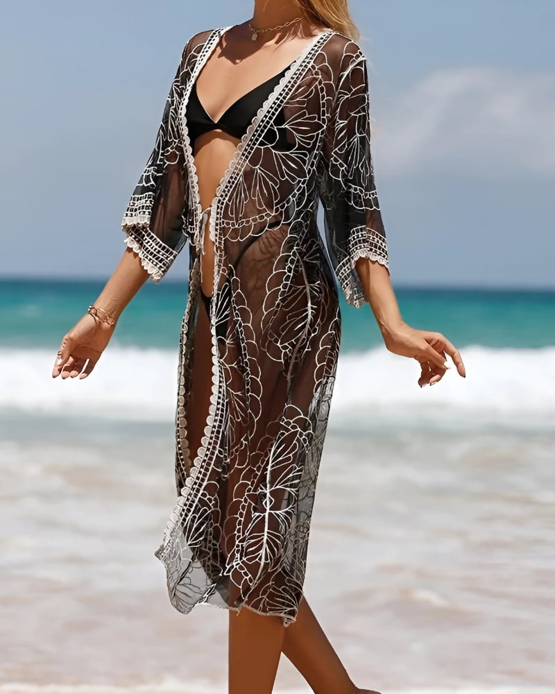 Kimono long transparent en dentelle brodé — vue 5