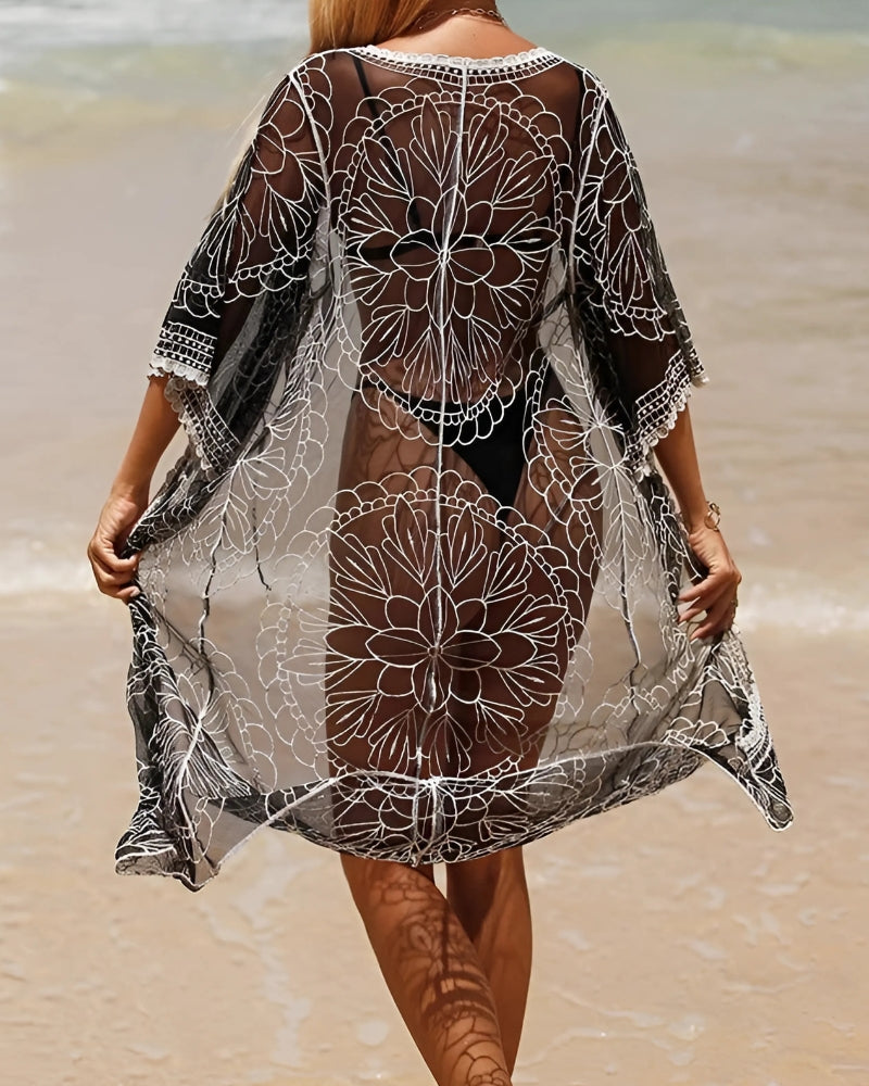 Kimono long transparent en dentelle brodé — vue 6