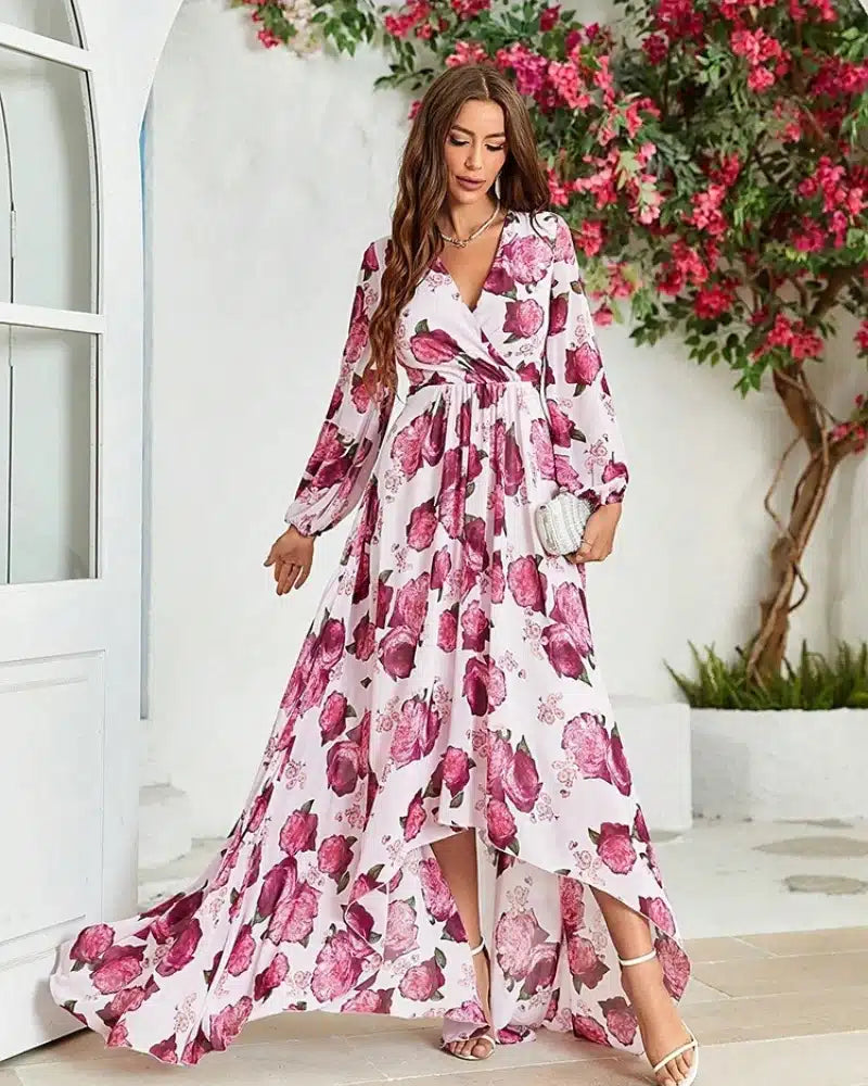 Robe bohème à manche longues avec motifs et col en v — vue 3