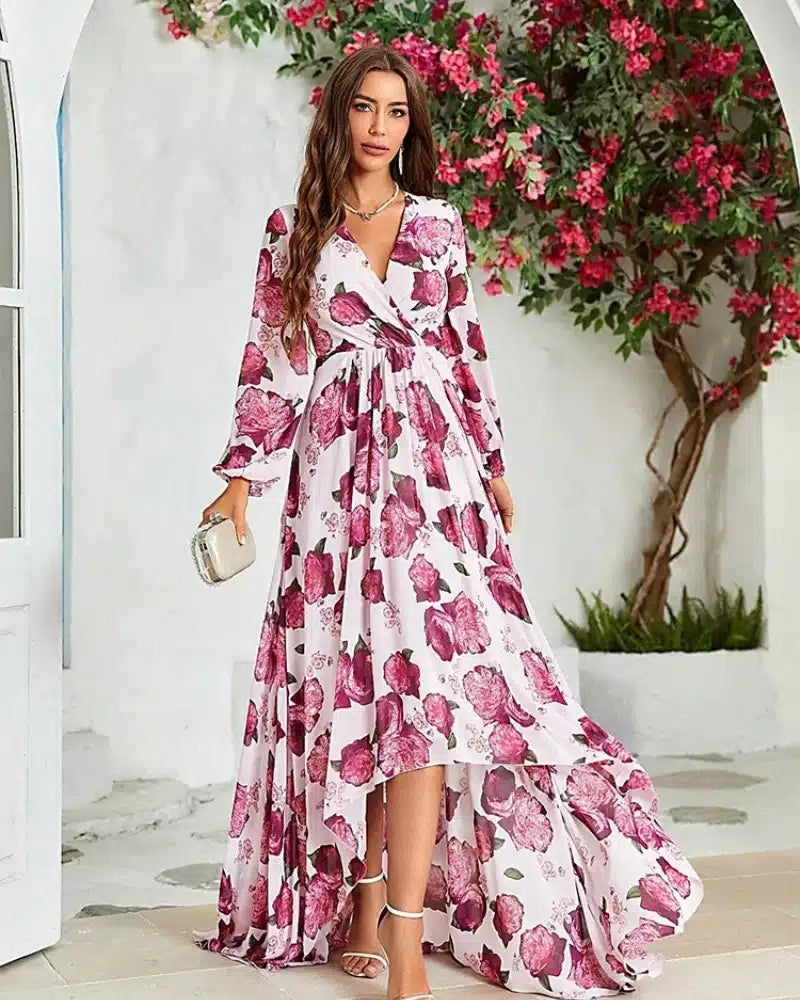 Robe bohème à manche longues avec motifs et col en v — vue 2
