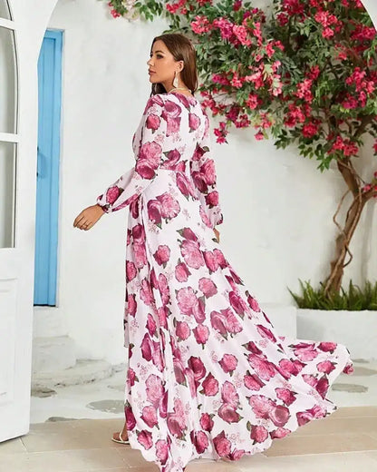 Robe bohème à manche longues avec motifs et col en v — BOHERIS