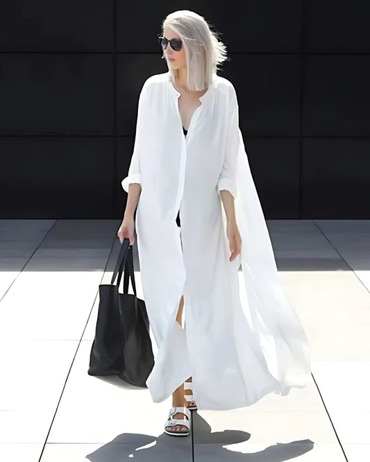 Robe-kimono de plage longue blanche en coton — BOHERIS