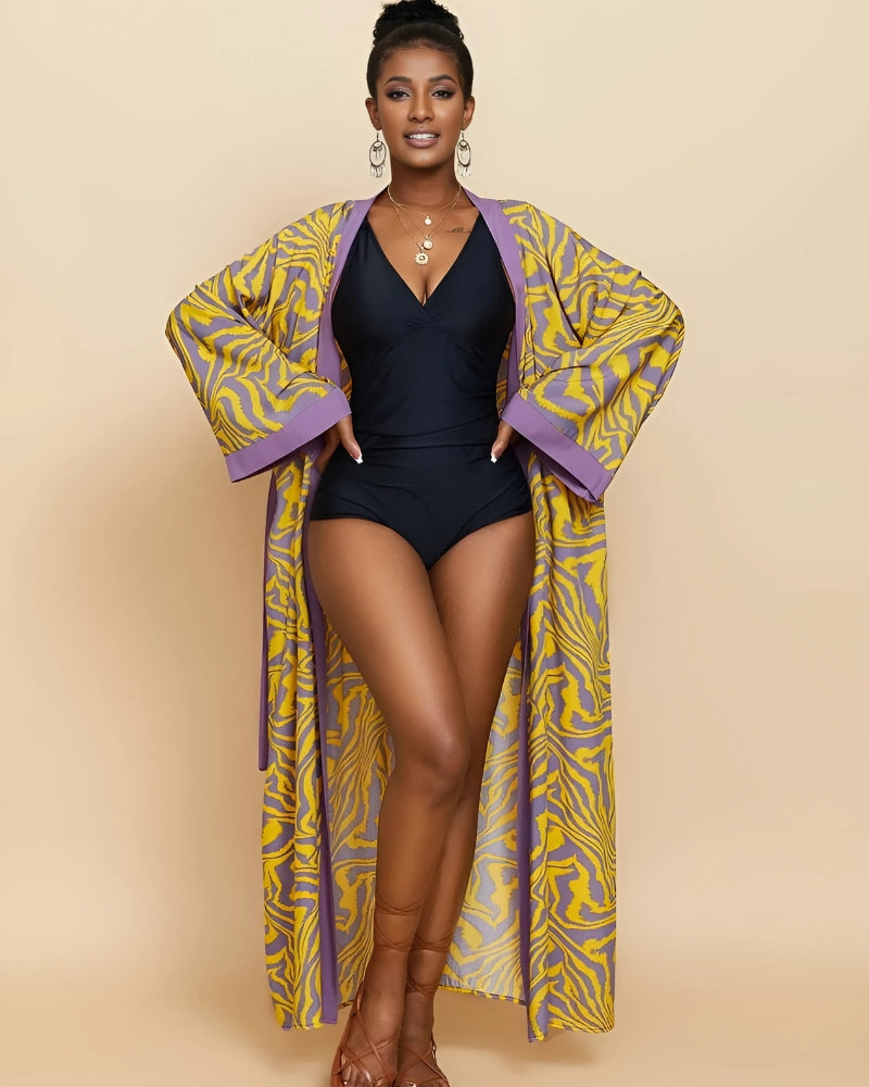 Robe-kimono longue imprimée avec ceinture — vue 7