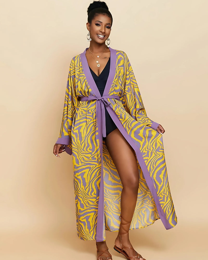 Robe-kimono longue imprimée avec ceinture — vue 9