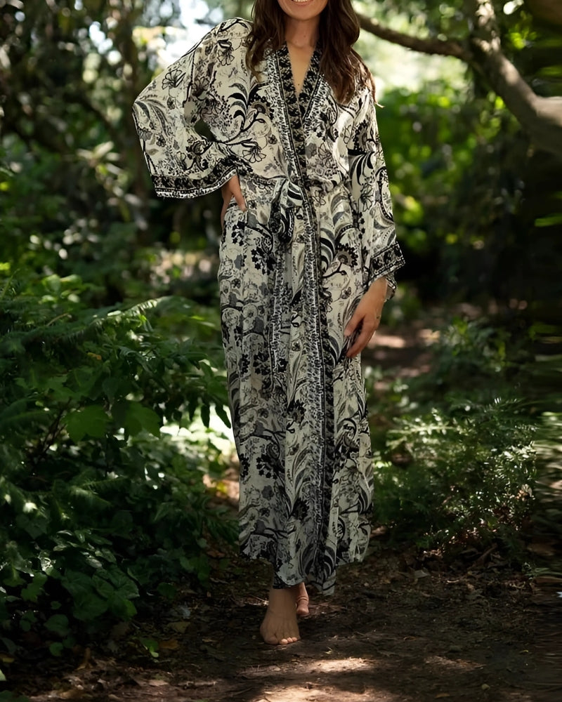 Robe-kimono longue imprimée floral style rétro — vue 4