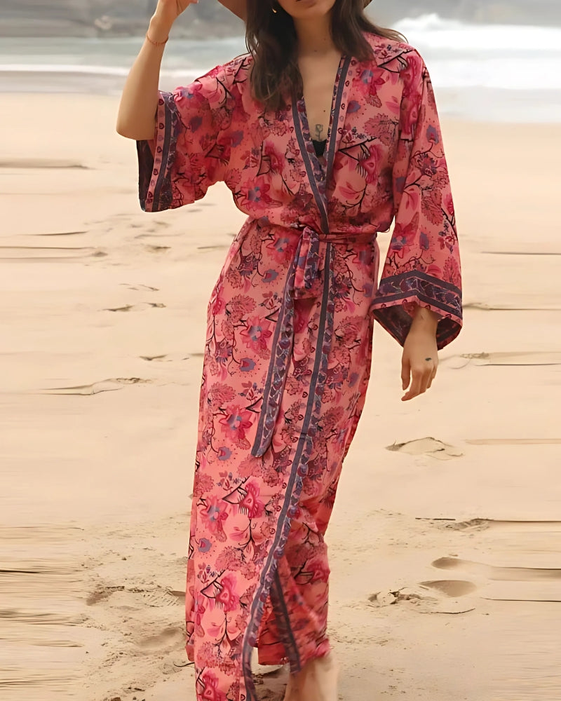 Robe-kimono longue imprimée floral style rétro — vue 7