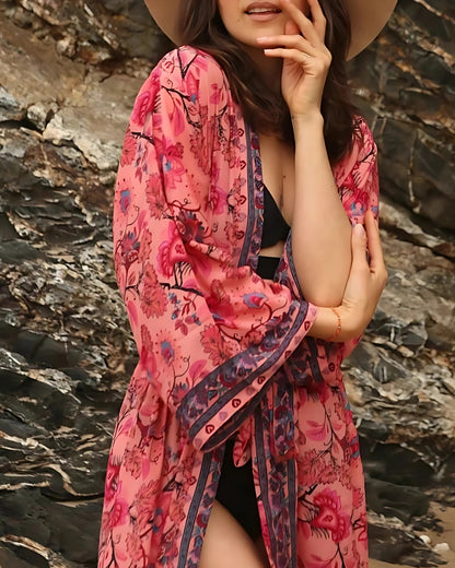 Robe-kimono longue imprimée floral style rétro — vue 8