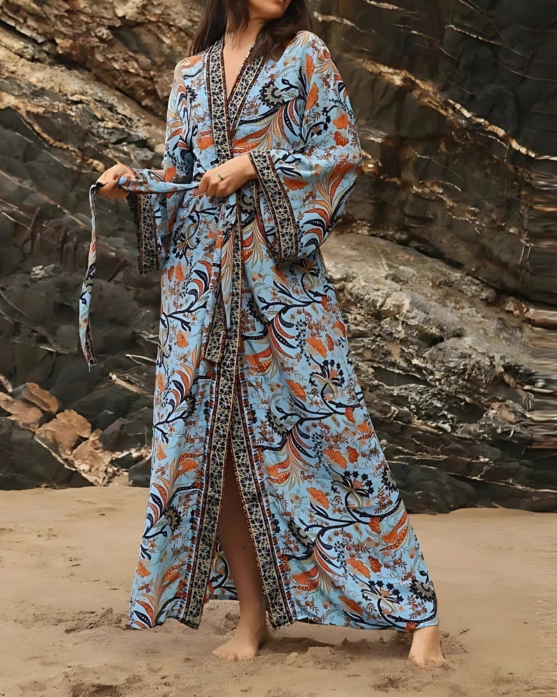Robe-kimono longue imprimée floral style rétro — BOHERIS