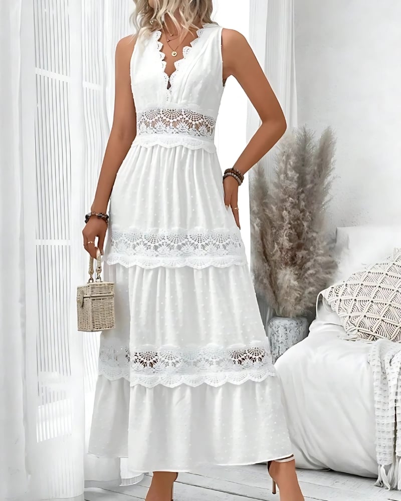 Robe col v blanche à volants en dentelle — vue 3