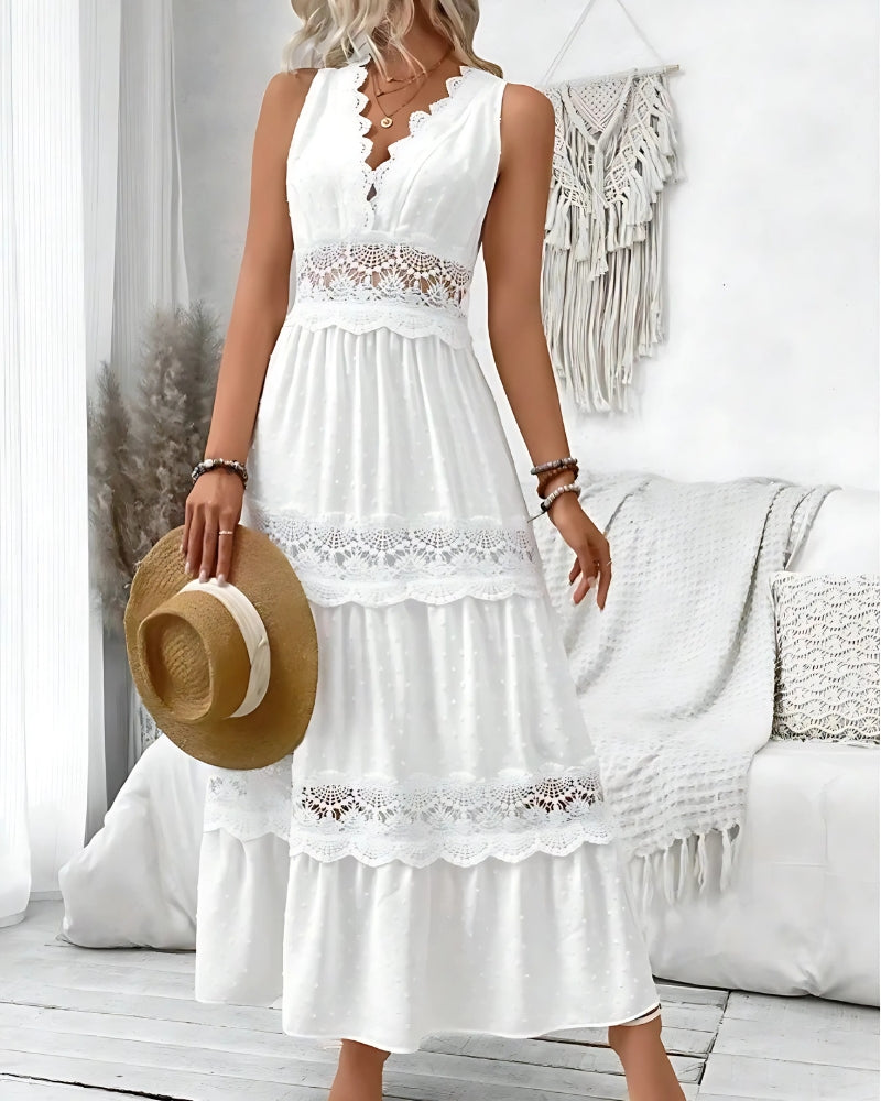 Robe col v blanche à volants en dentelle — vue 2
