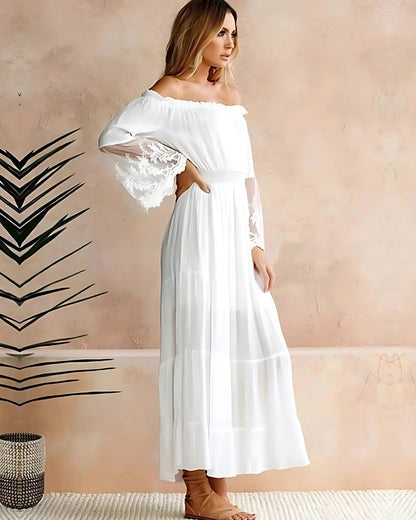 Robe longue blanche style boho manches en dentelle — vue 2