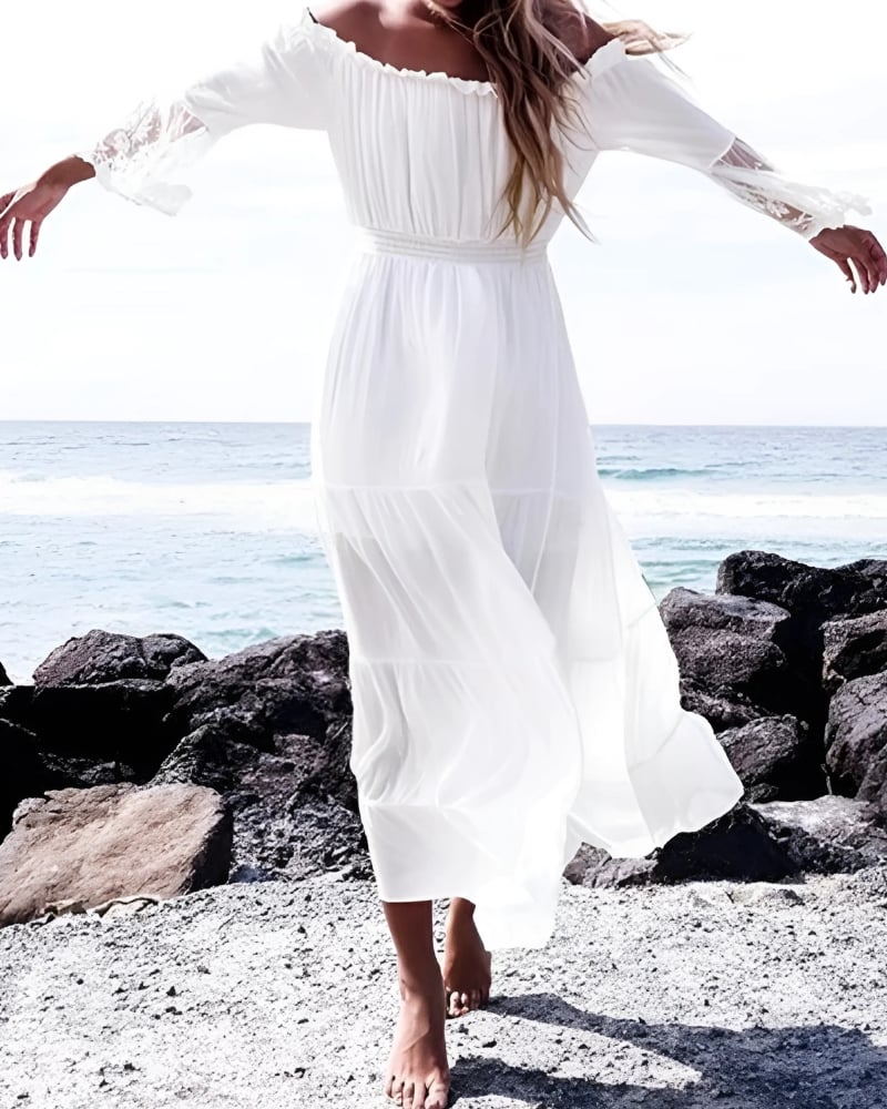 Robe longue blanche style boho manches en dentelle — vue 6