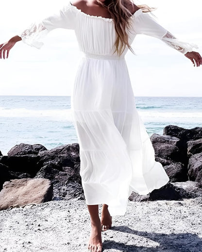 Robe longue blanche style boho manches en dentelle — vue 6
