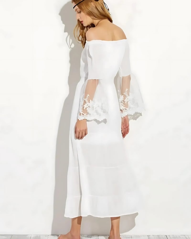 Robe longue blanche style boho manches en dentelle — vue 4