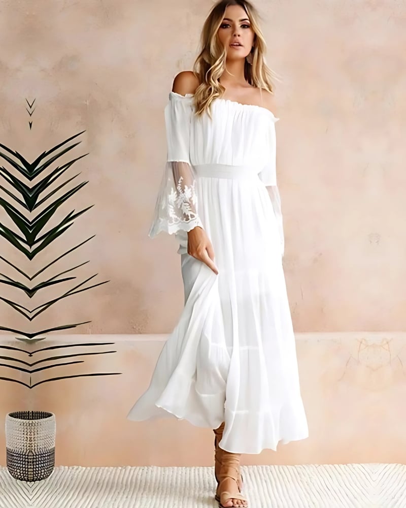Robe longue blanche style boho manches en dentelle — vue 5