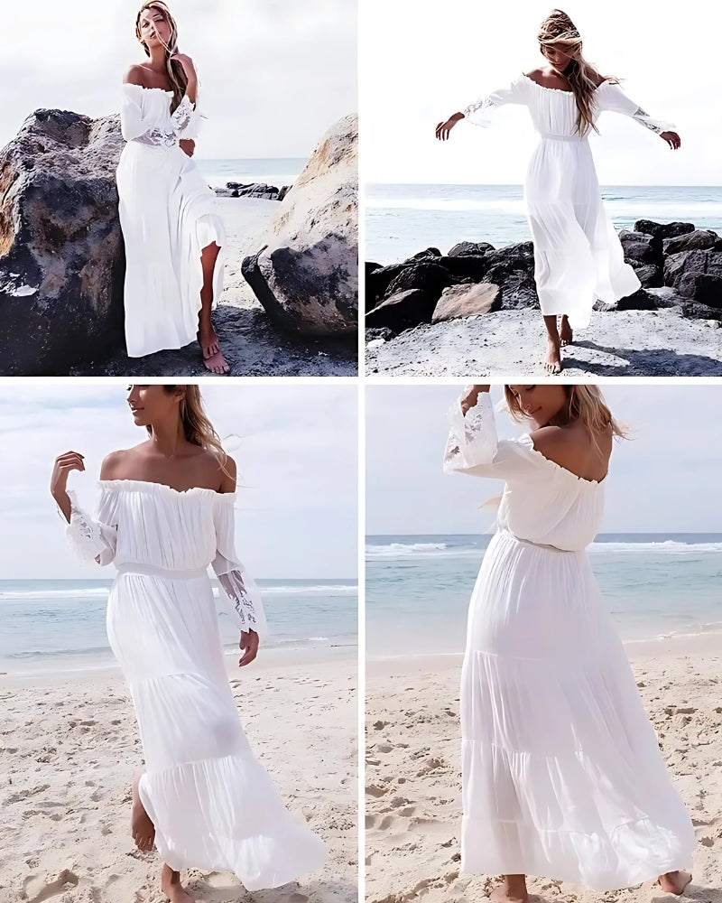 Robe longue blanche style boho manches en dentelle — vue 3