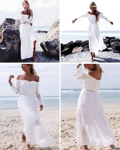 Robe longue blanche style boho manches en dentelle — vue 3