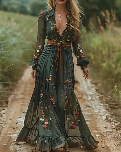 Robe longue plissée ethnique rétro imprimé floral (sans ceinture) — BOHERIS