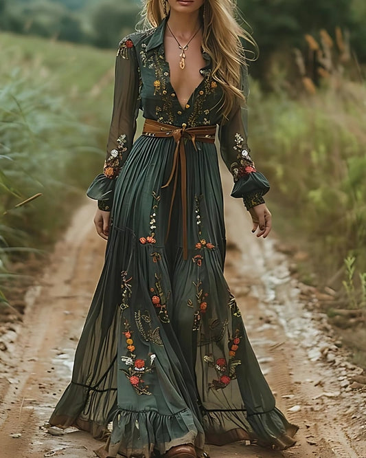 Robe longue plissée ethnique rétro imprimé floral (sans ceinture) — BOHERIS