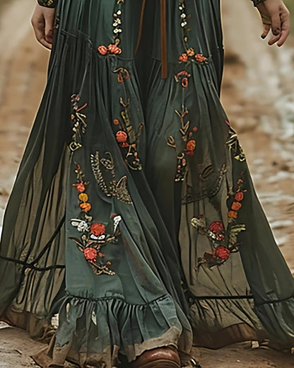 Robe longue plissée ethnique rétro imprimé floral (sans ceinture) — vue 3