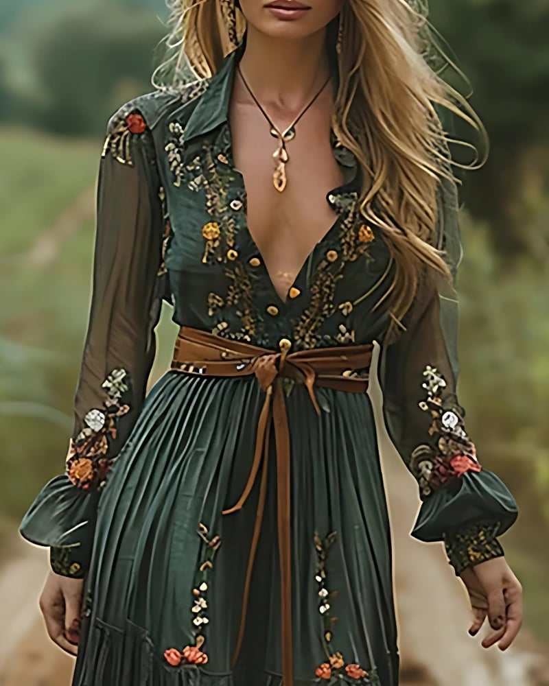 Robe longue plissée ethnique rétro imprimé floral (sans ceinture) — vue 2