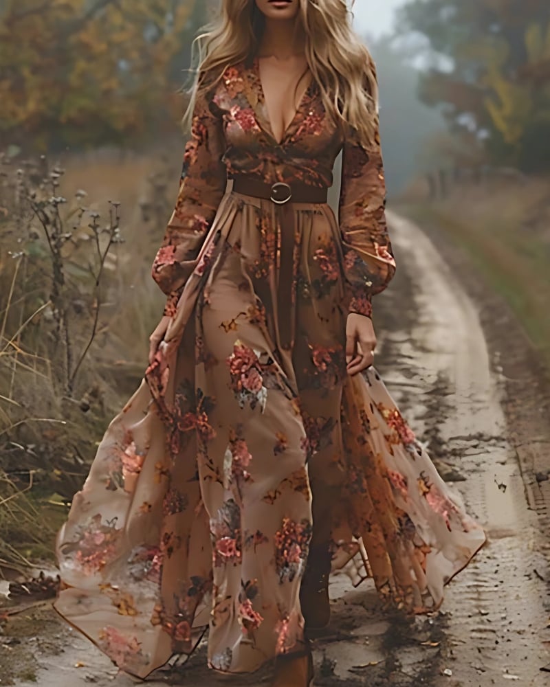 Robe longue plissée ethnique rétro imprimé floral (sans ceinture) — vue 4