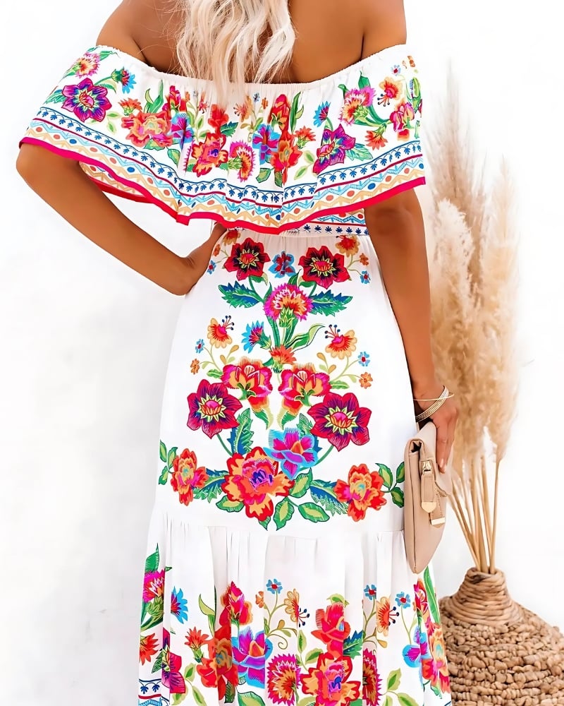 Robe longue rétro épaules dénudées imprimée fleur — vue 3