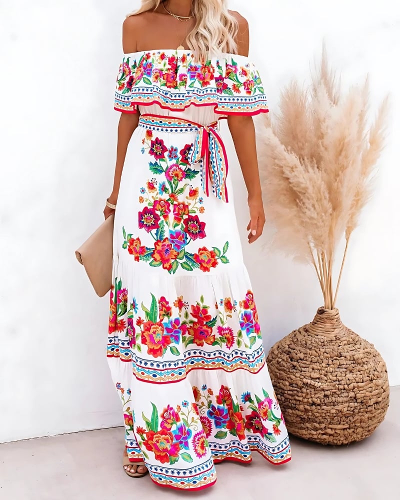 Robe longue rétro épaules dénudées imprimée fleur — vue 2
