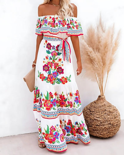 Robe longue rétro épaules dénudées imprimée fleur — vue 2