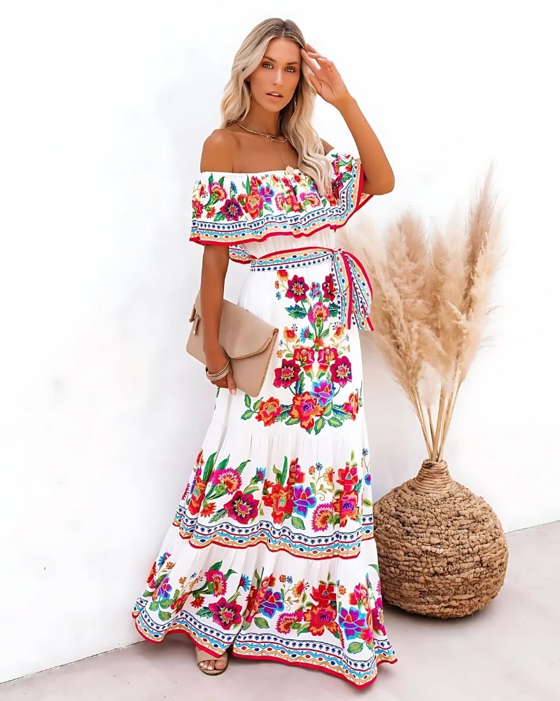 Robe longue rétro épaules dénudées imprimée fleur — vue 4