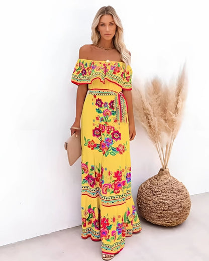 Robe longue rétro épaules dénudées imprimée fleur — vue 5