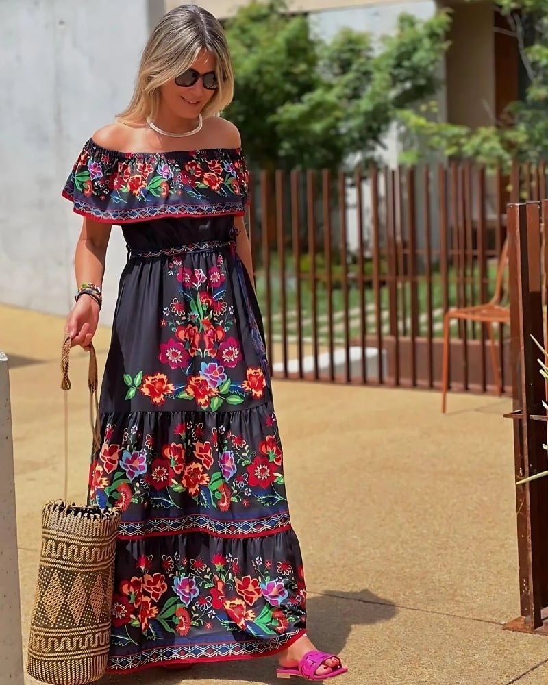 Robe longue rétro épaules dénudées imprimée fleur — vue 7