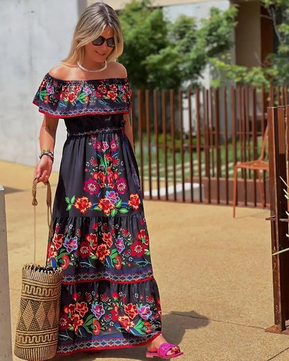 Robe longue rétro épaules dénudées imprimée fleur — vue 7