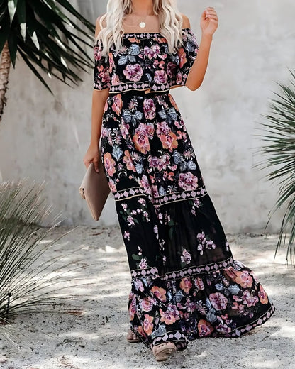 Robe longue rétro épaules dénudées imprimée fleur — vue 6