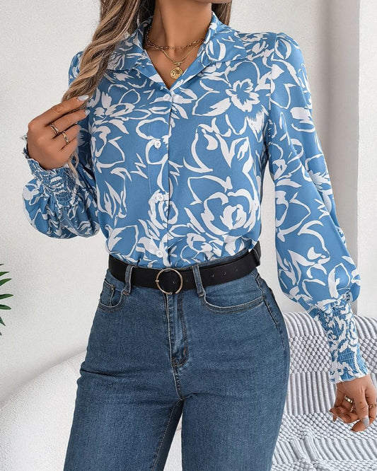 Blouse bohème bleue décontractée à imprimé floral — BOHERIS