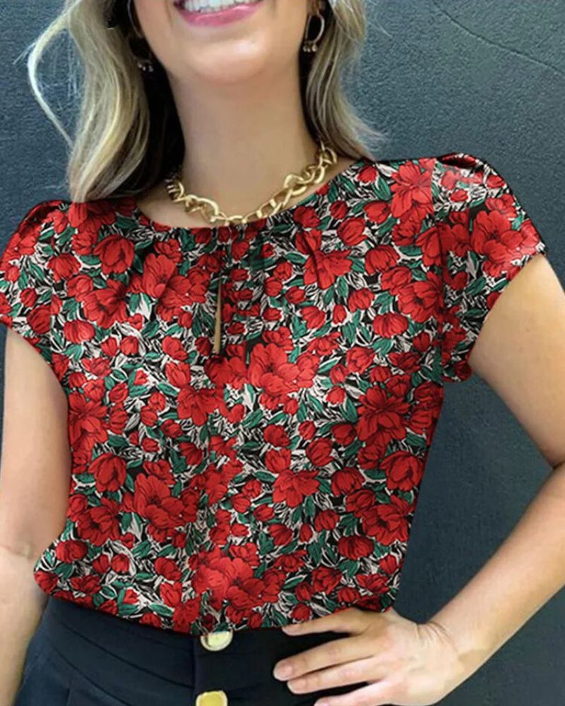 Blouse bohème à manches courtes décontractée ornée de fleurs — BOHERIS