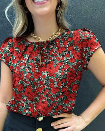 Blouse bohème à manches courtes décontractée ornée de fleurs — BOHERIS