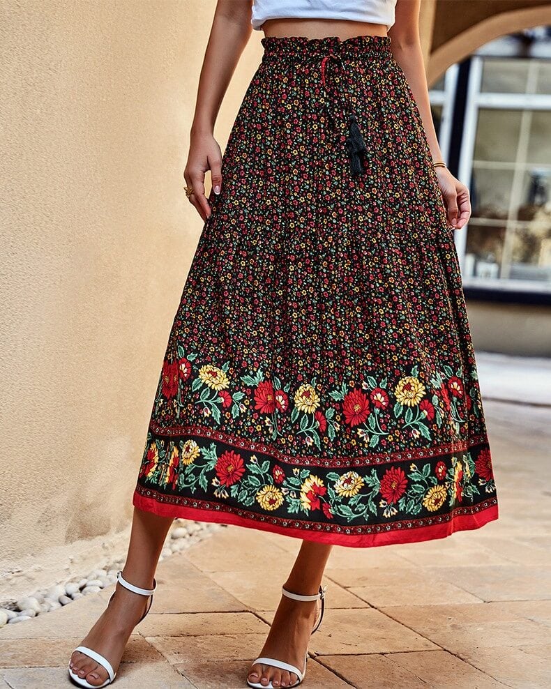 Jupe bohème longue noire taille haute confortable — BOHERIS