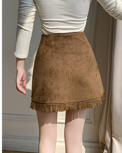 Jupe courte daim asymétrique pompons bohème — vue 8