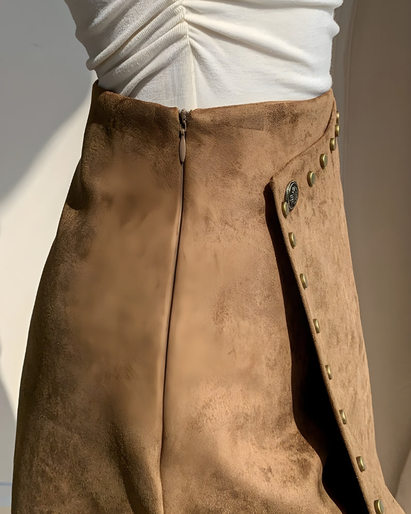 Jupe courte daim asymétrique pompons bohème — vue 7