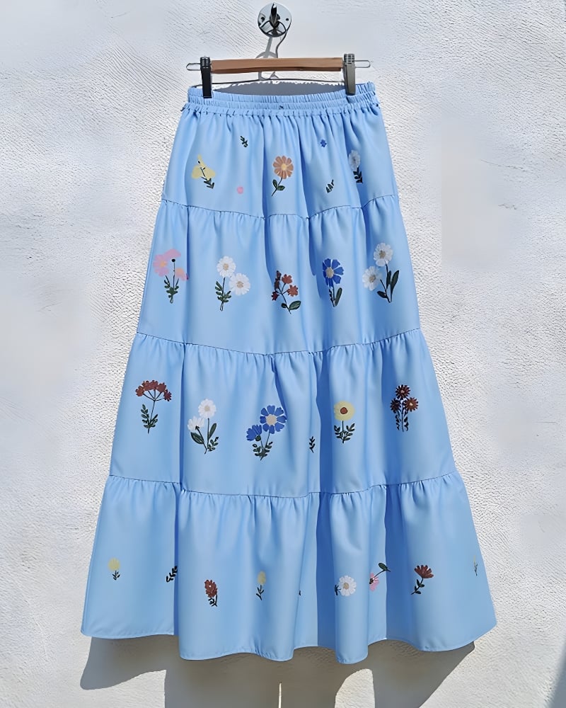 Jupe longue bohème plissée imprimé fleuri taille élastique — vue 2
