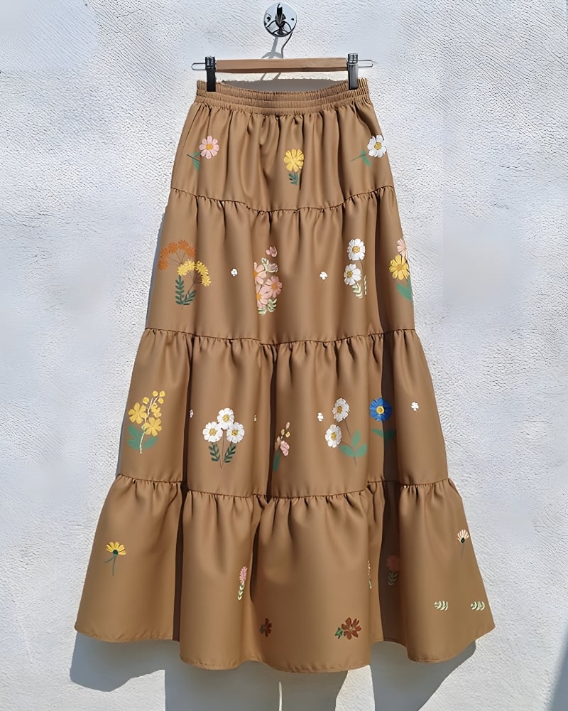 Jupe longue bohème plissée imprimé fleuri taille élastique — vue 3