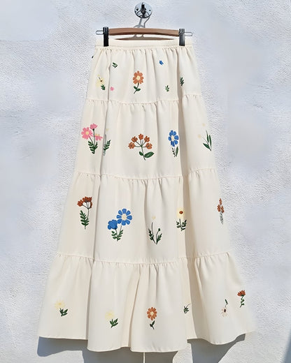 Jupe longue bohème plissée imprimé fleuri taille élastique — BOHERIS
