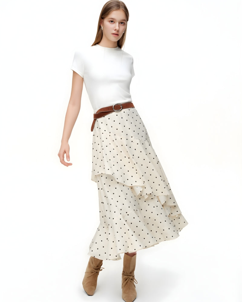 Jupe midi volants asymétrique pois bohème — BOHERIS