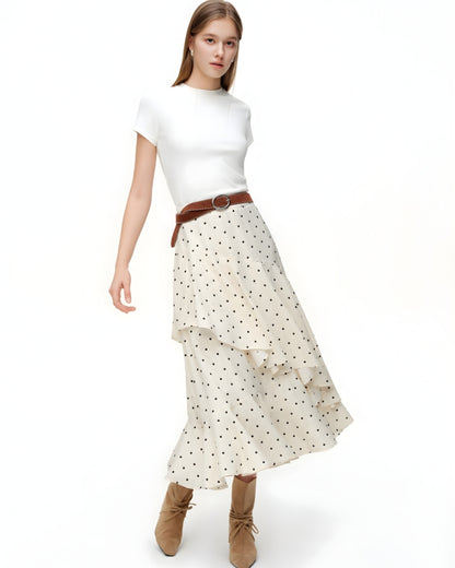 Jupe midi volants asymétrique pois bohème — BOHERIS