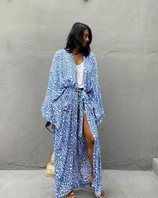 Kimono femme avec motif léopard bleu — BOHERIS