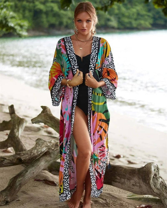 Kimono femme aux motifs tropicaux colorés — BOHERIS