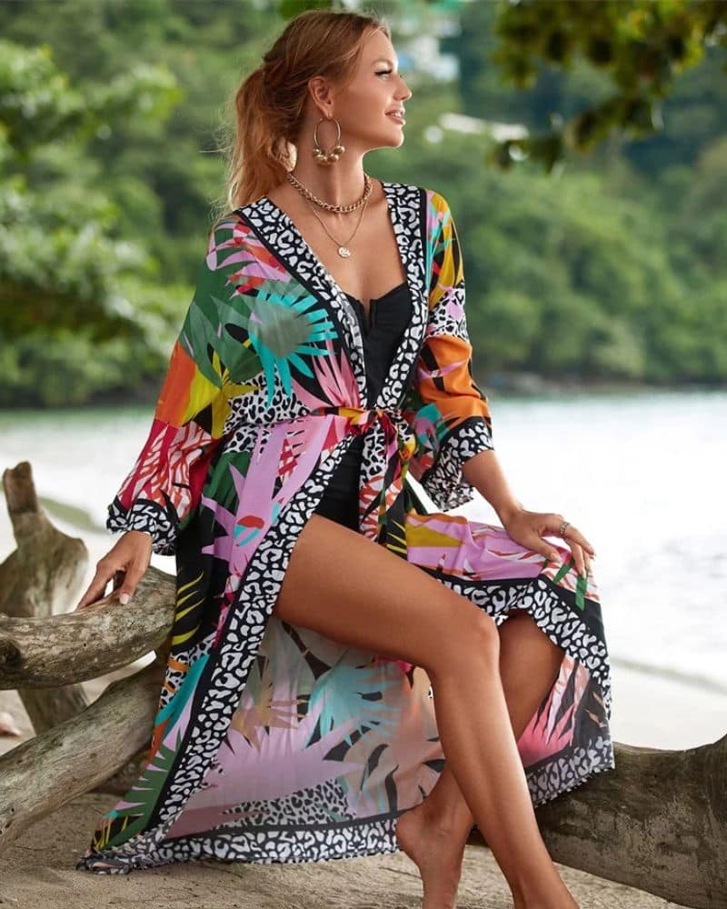 Kimono femme aux motifs tropicaux colorés — vue 2